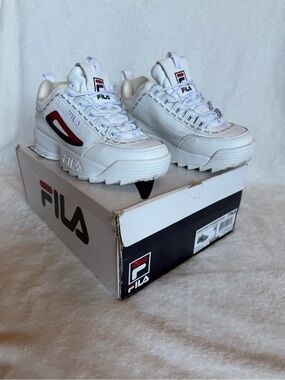 Fila Disruptor II Premium Repeat sneakers in white red navy  size 8